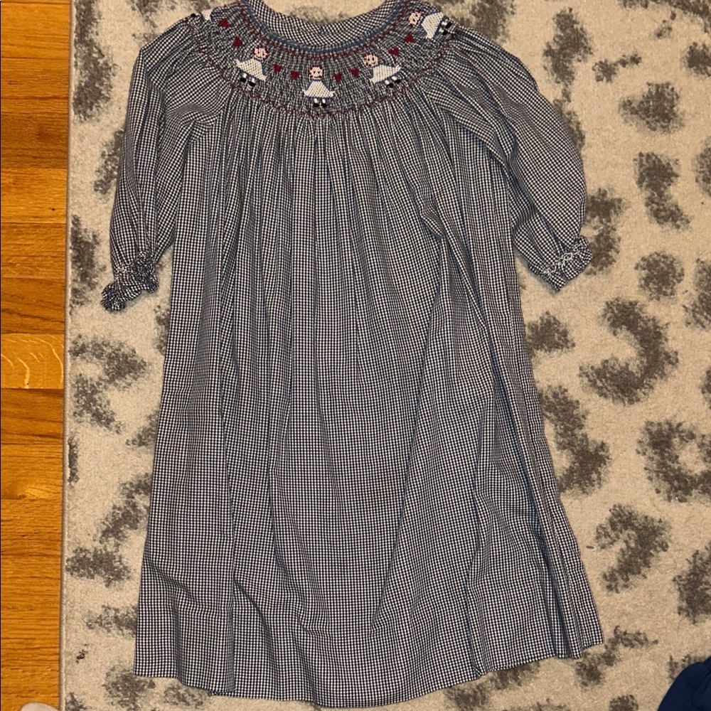 Smocked Gingham Dress with Embroidered Raggedy Ann Dolls - Navy & White